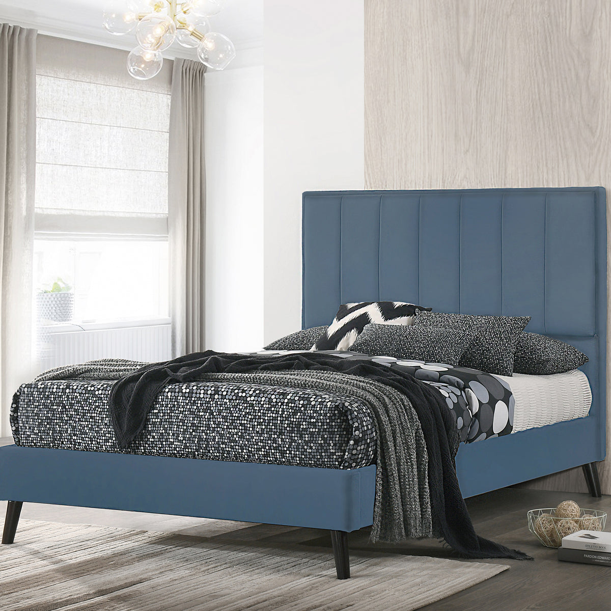 4'6 Elsa Upholstered Bed Frame Blue Fabric Moffett & Sons
