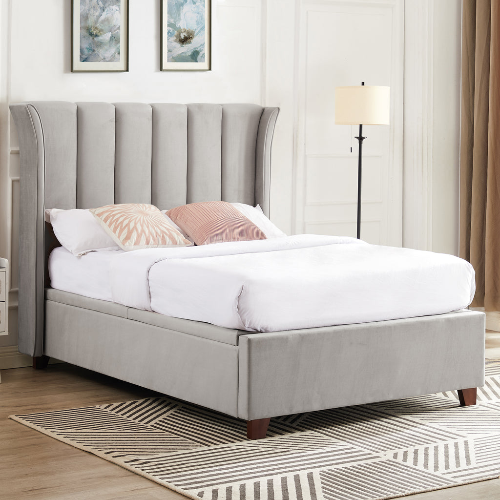 4'6 Mia Upholstered Ottoman Bed Frame Light Grey Velvet