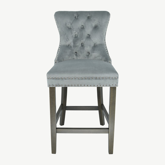 Kacey Bar Stool Grey Velvet Antique Leg